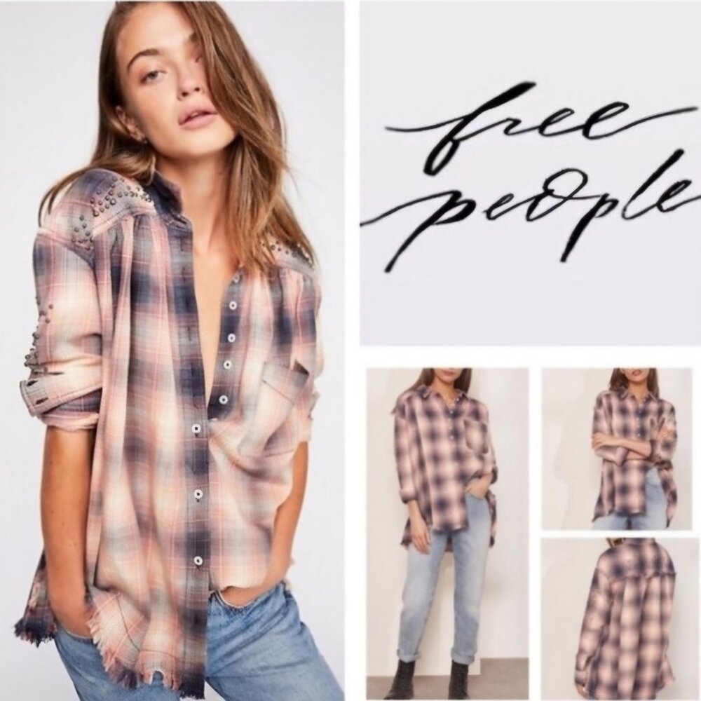 Free People Take On Me Plaid Studded Buttondown Shirt Small Indigo Combo